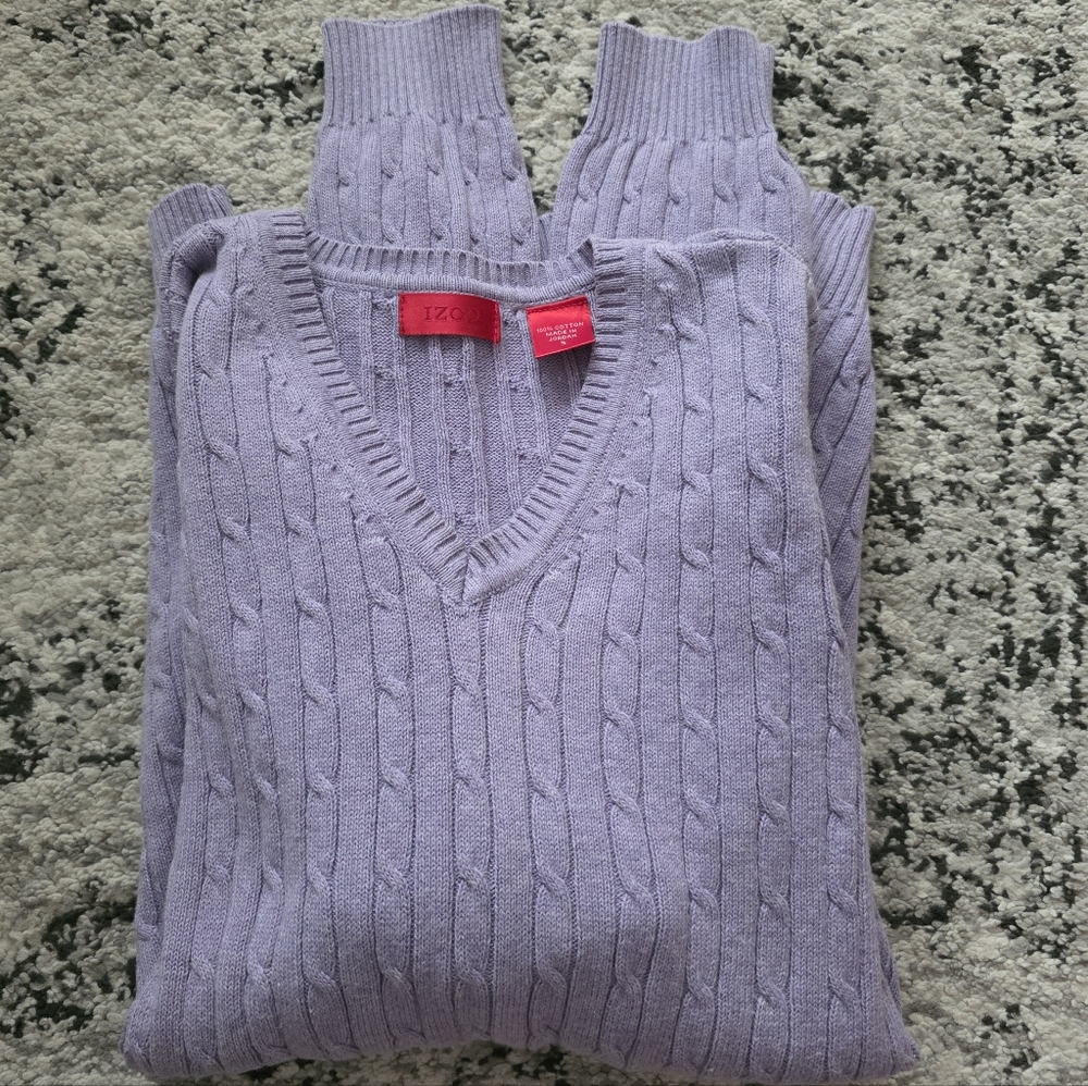 Cableknit Cotton Vneck Sweater Mens S Light Purple Izod Preppy Business Casual